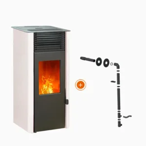 Promo-Paket: EMAFLAM REVA 9 kW, weißer, angeschlossener, versiegelter Pelletofen + Ventouse-Kit